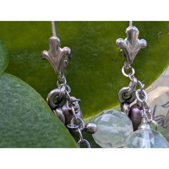 Vintage Sterling Rose Quartz Pearl Earrings, Silver Gemstone Dangle Earrings - Picture 8 of 10